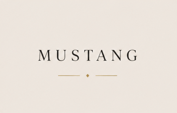 The word "MUSTANG" written in black serif font with a small diamond and lines underneath on a white background.