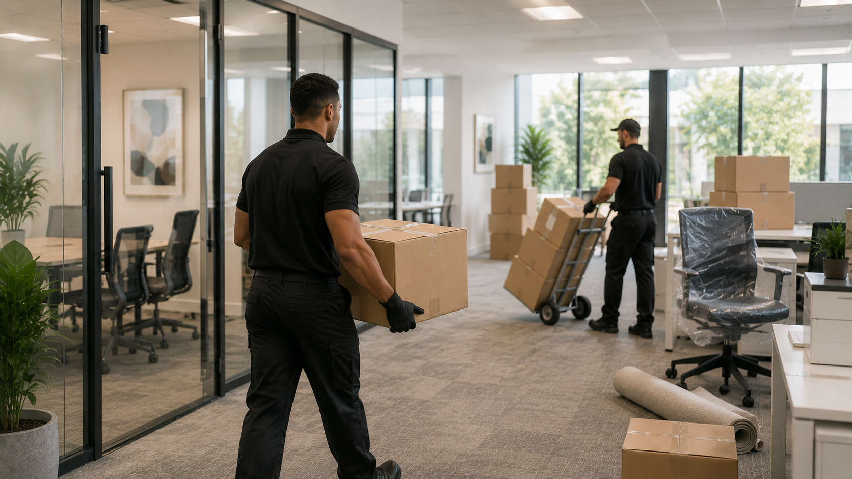 Two men in black uniforms are moving boxes inside a modern office. One man is carrying a box, while the other pushes a dolly with stacked boxes. The office has large windows, office chairs, desks, and indoor plants.