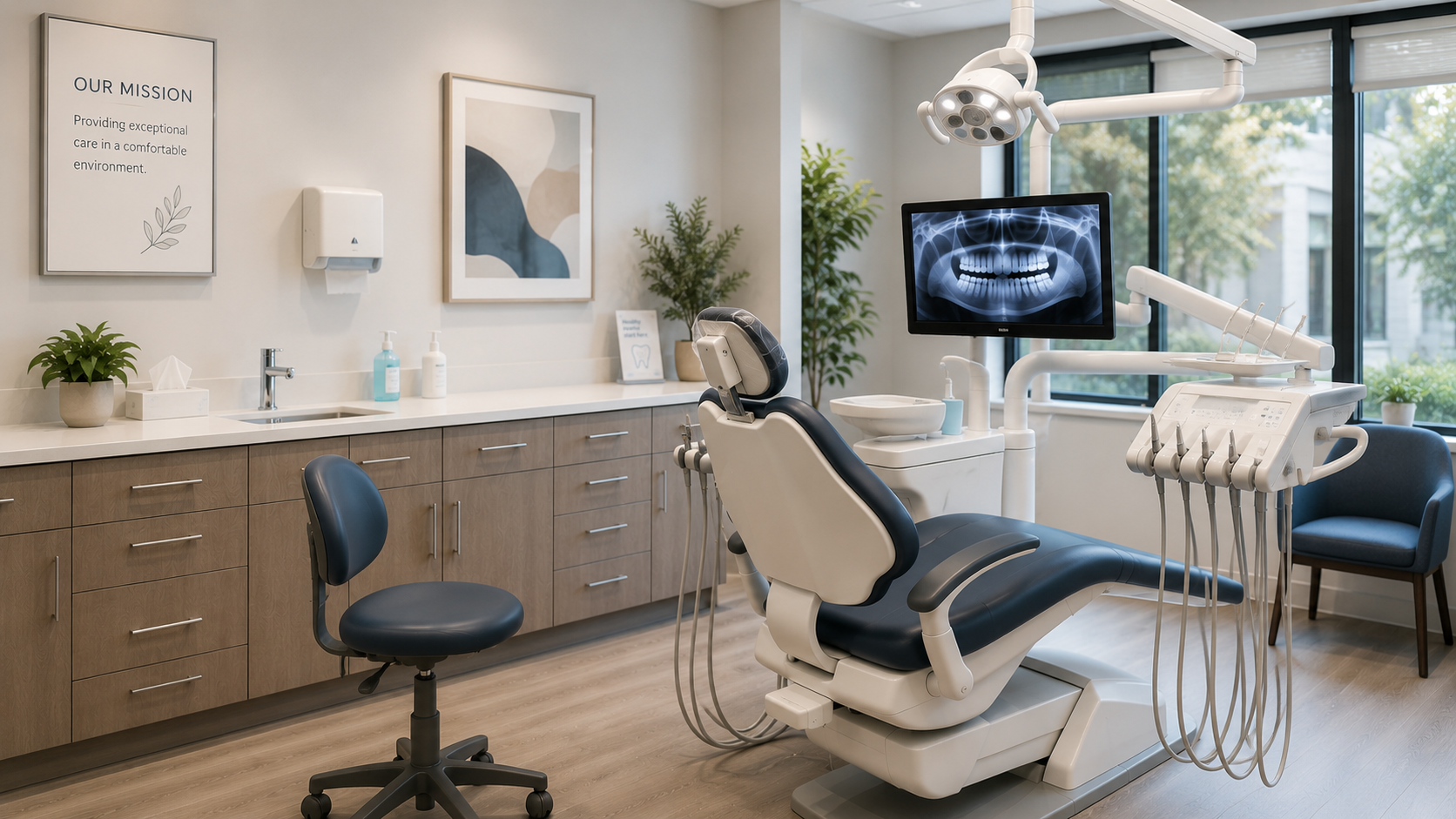 A modern dental office with a dental chair, dental equipment, a monitor displaying a dental x-ray, and a treatment area with cabinets, plants, and decor.