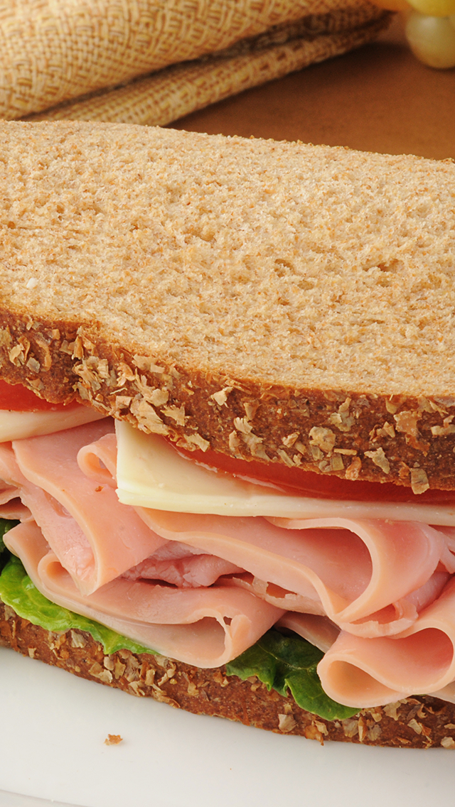 Close-up of a ham and cheese sandwich on whole grain bread with lettuce, resting on a white plate.