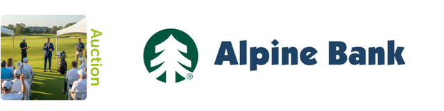 A group of people attending an outdoor auction event on a golf course, with trees and grass in the background, and an Alpine Bank advertisement.