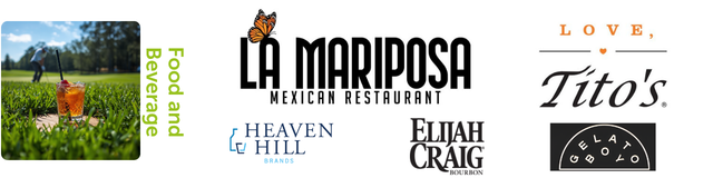 Signboard for La Mariposa Mexican Restaurant with promotional materials for food, beverages, Love Tito's, Heaven Hill brands, Elijah Craig bourbon, and Gelato Cielo. Outdoor setting with trees and a beverage in a grassy area.