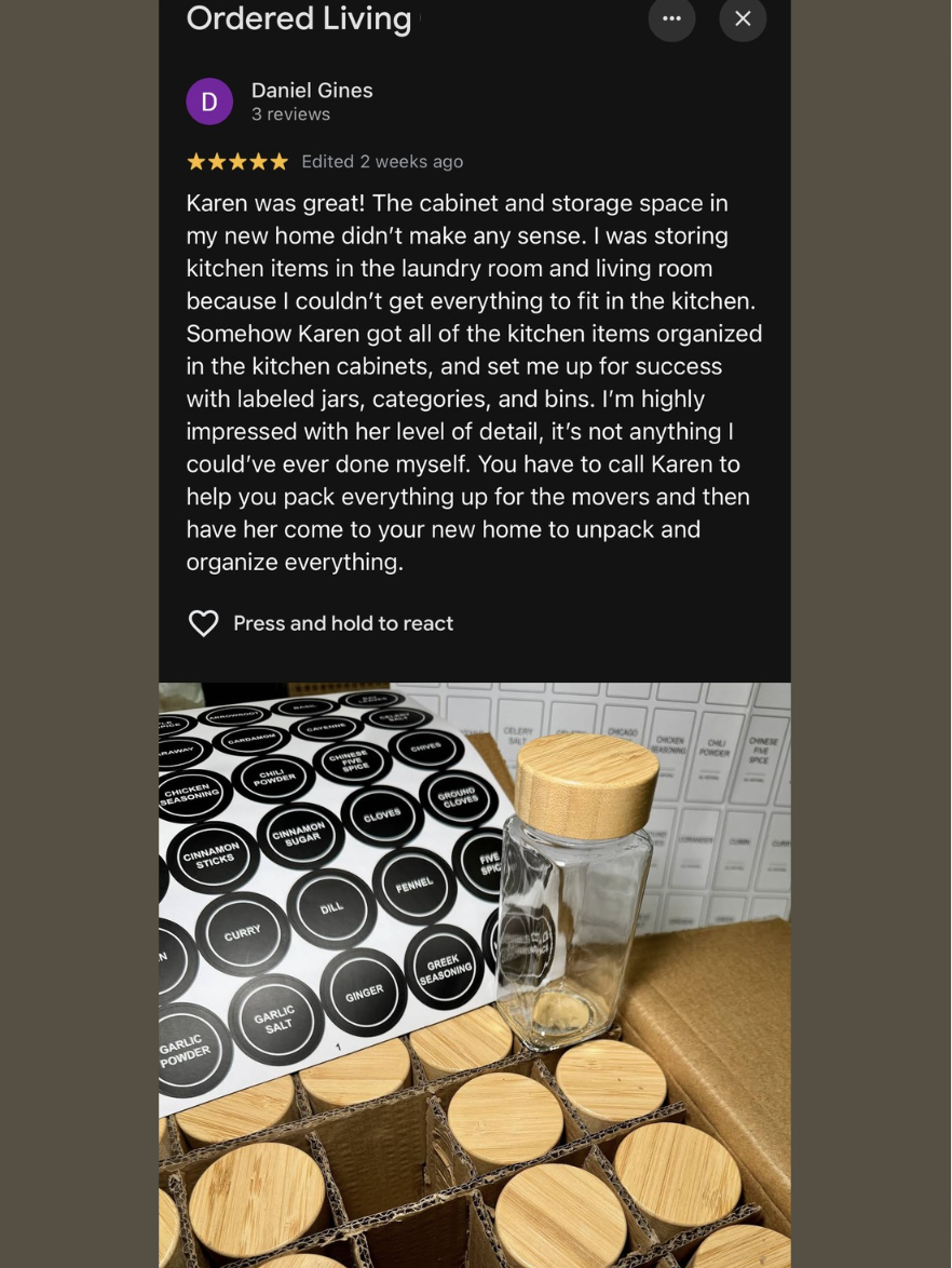 Five-star Google review for Ordered Living Austin TX, with photo of labeled spice drawer organized with glass jars and wood lids