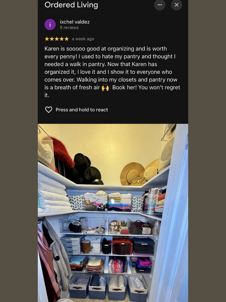 Five-star Google review for Ordered Living Austin TX, with photo of walk-in closet organized with woven baskets and shelved accessories