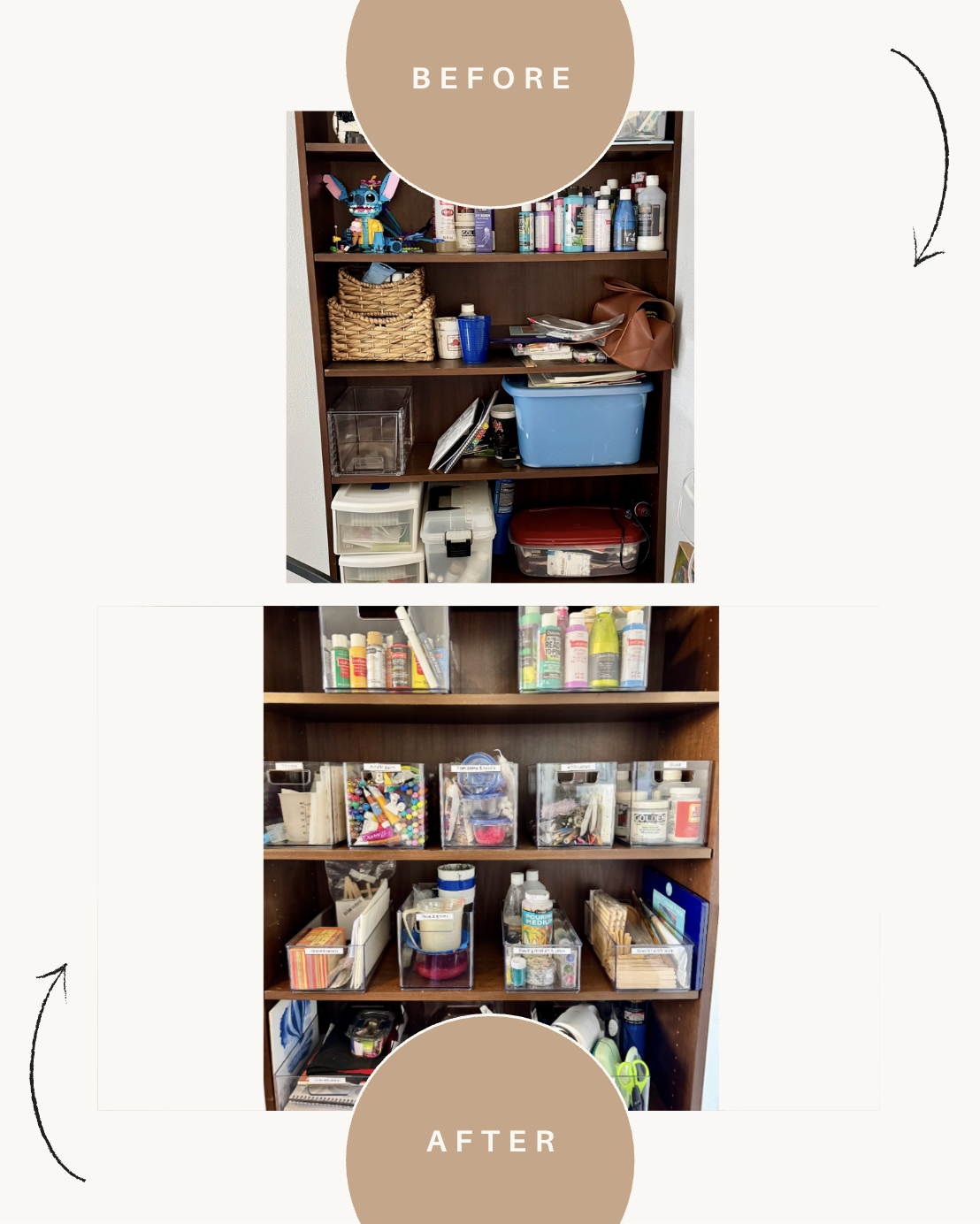 Comparison of a cluttered bookshelf filled with arts and crafts supplies before and after organization - professional home organizing services by Ordered Living Co. Austin TX