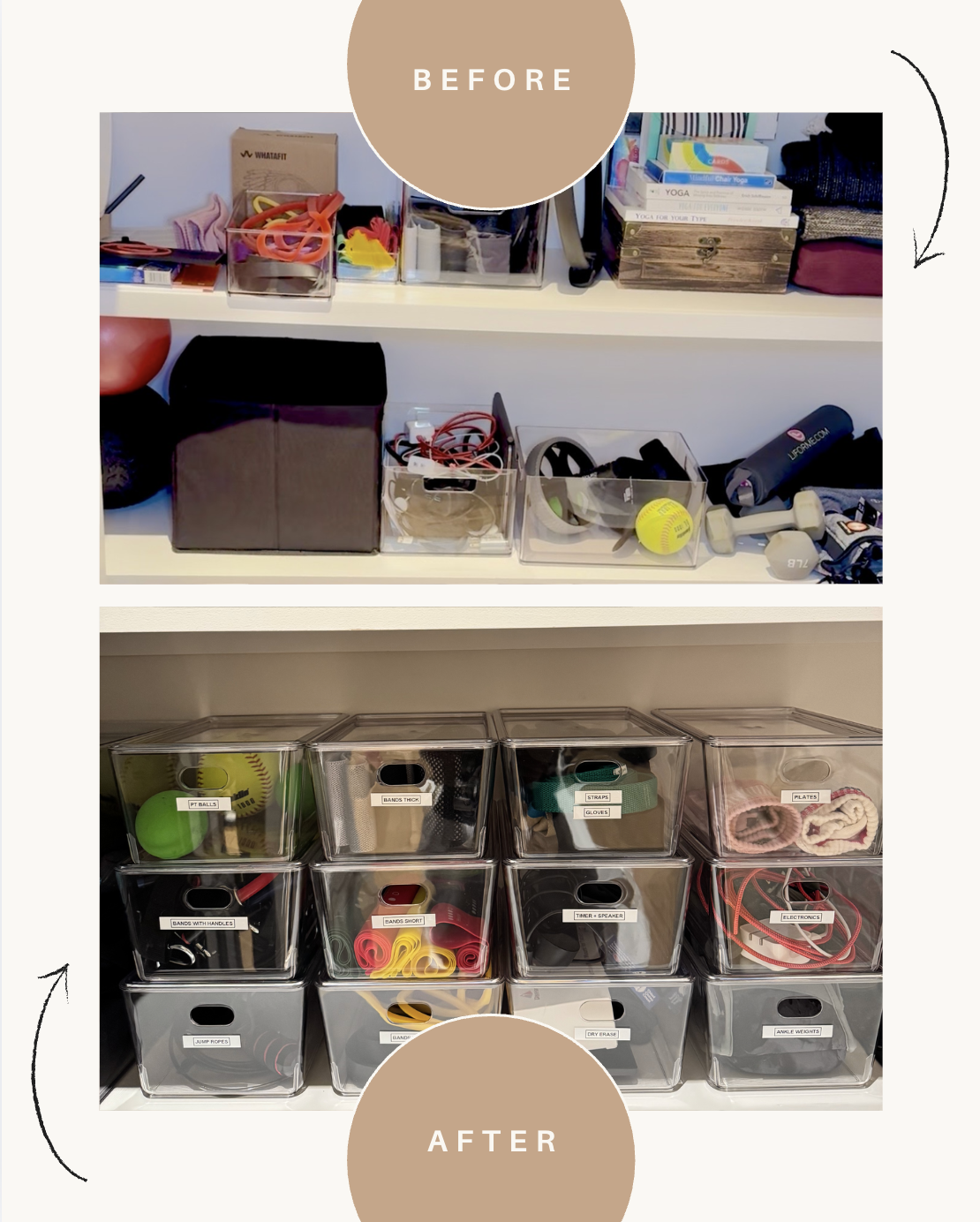 Organized sports and fitness equipment storage with labeled clear containers, showing a before and after decluttering and organizing process - professional home organization services by Ordered Living Co. Austin TX