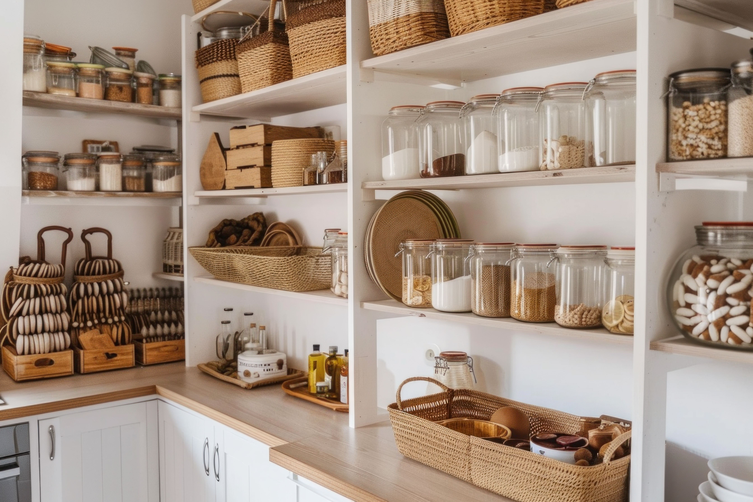 Professional pantry organization with labeled glass jars, woven baskets, and categorized shelving — Ordered Living Co. Austin TX