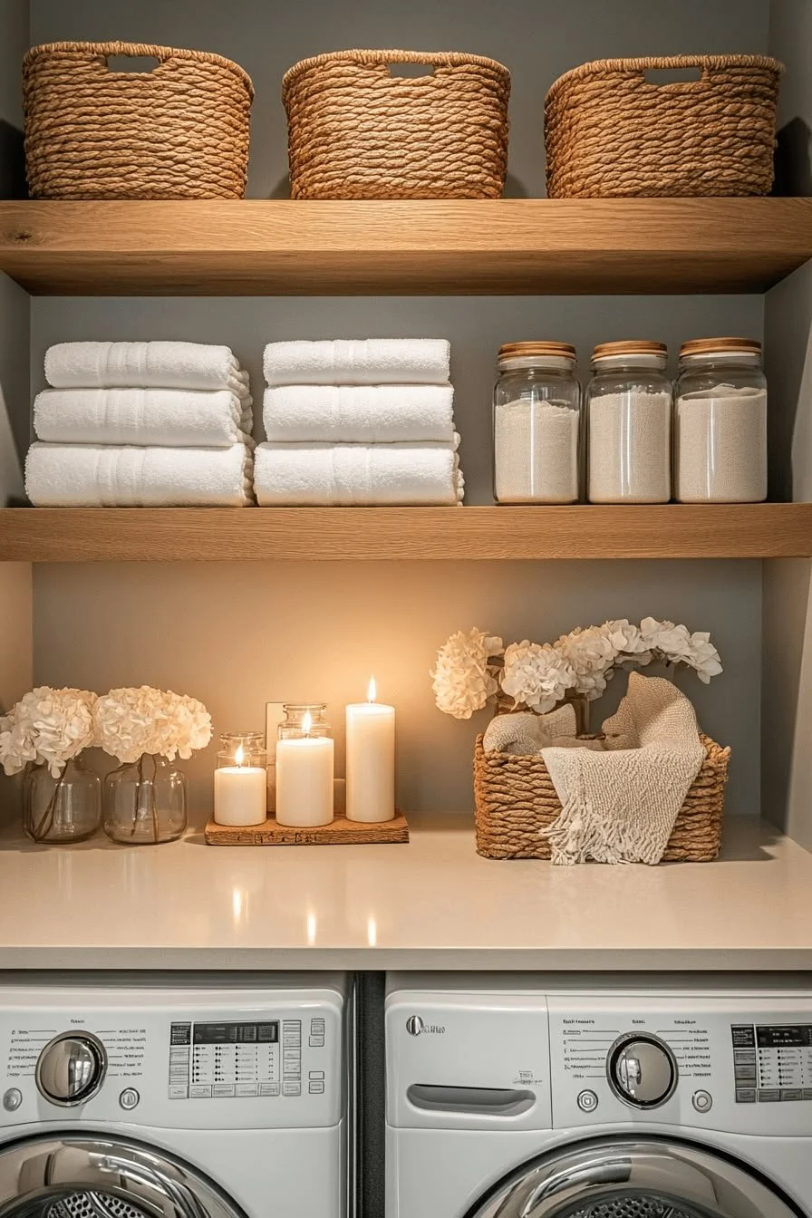 Aesthetic laundry room with woven baskets, neatly folded towels, and clear jars for home organizing — professional home organization services by Ordered Living Co. Austin TX