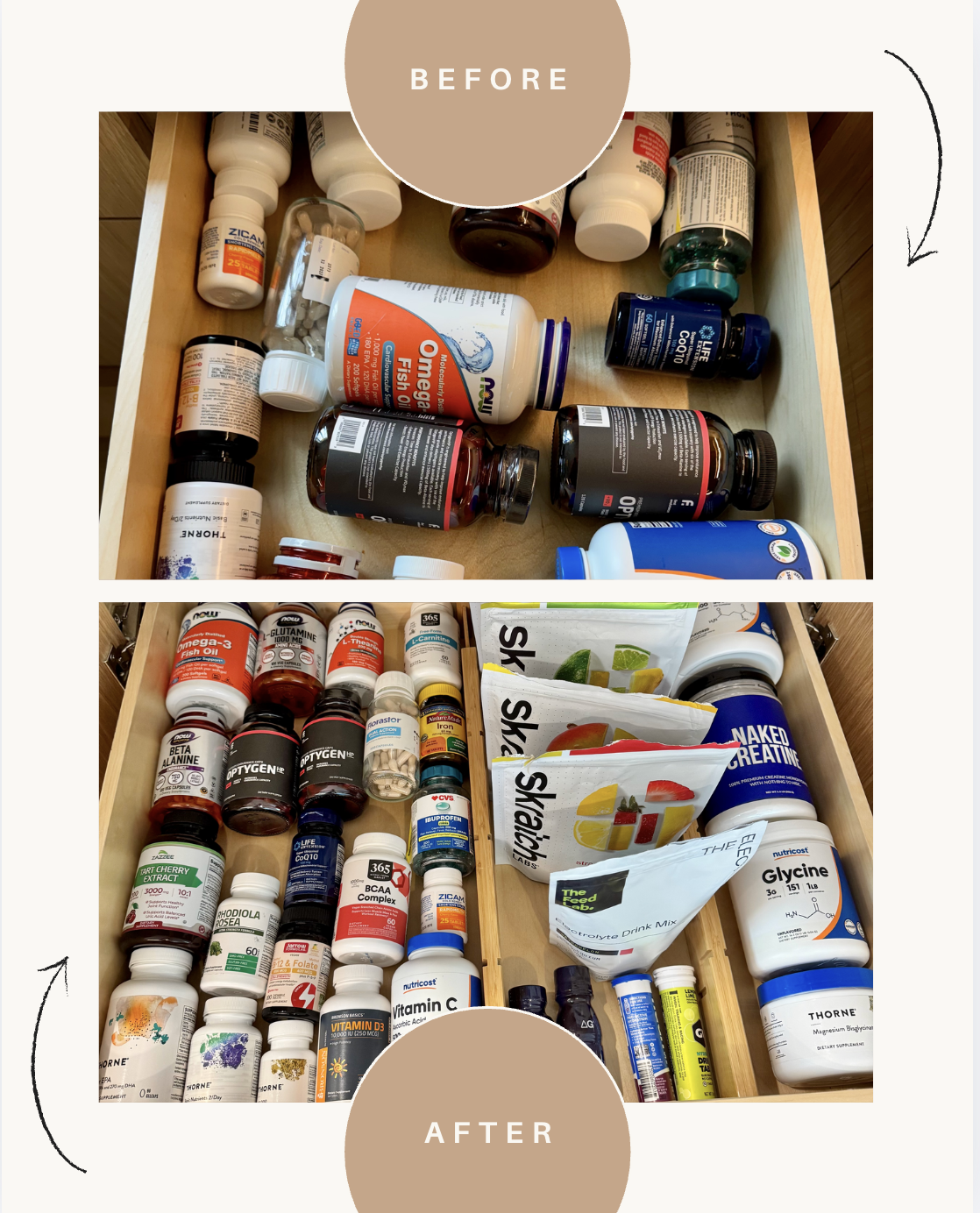 Organized kitchen drawer with supplements, vitamins, and health products before and after pantry organization - professional home organization services by Ordered Living Co. Austin TX