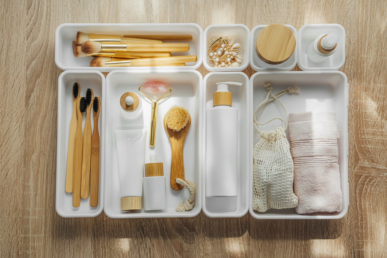Organized bathroom storage with categorized skincare and makeup products — professional home organizer Austin TX