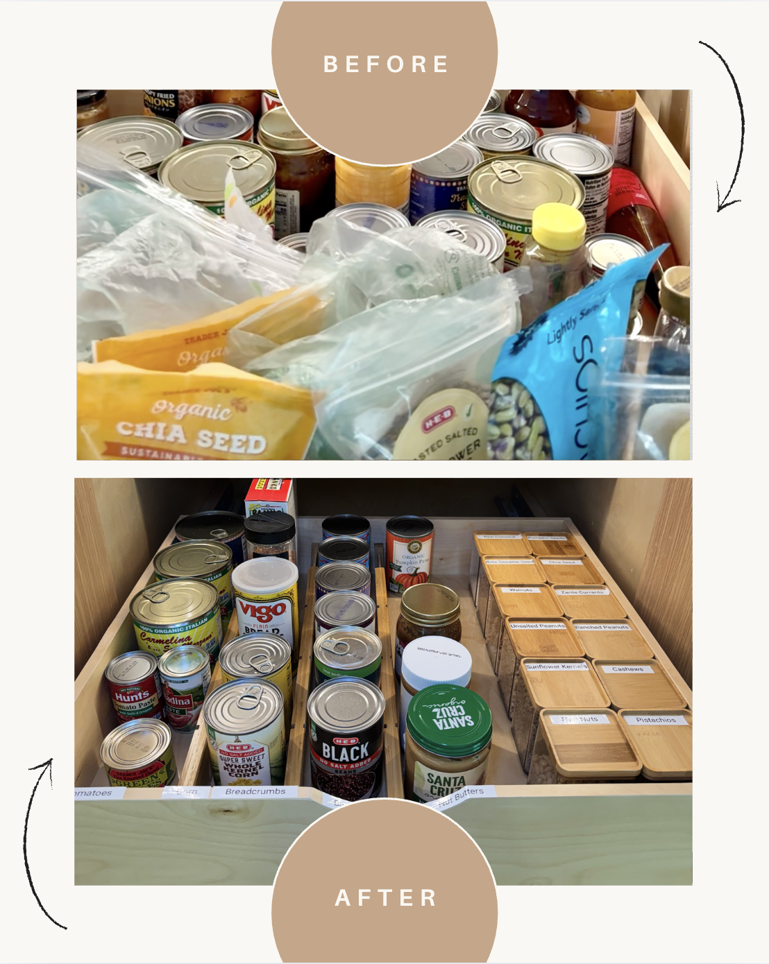 Organized pantry shelves with canned goods, jars, and labeled containers, showing before and after cleaning and arranging. - professional home organizing services by Ordered Living Co. Austin TX, kitchen organization, pantry organization