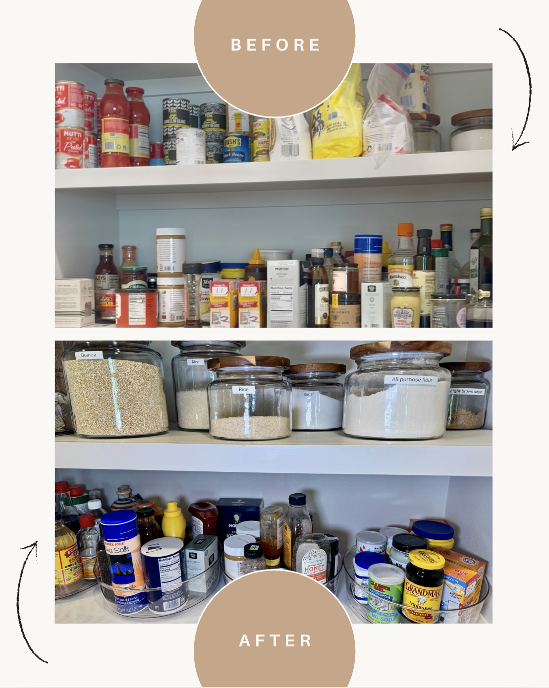 Before and after images of a pantry organization, showing shelves with stored food containers, jars, spices, and packaged goods - professional home organization services by Ordered Living Co. Austin TX