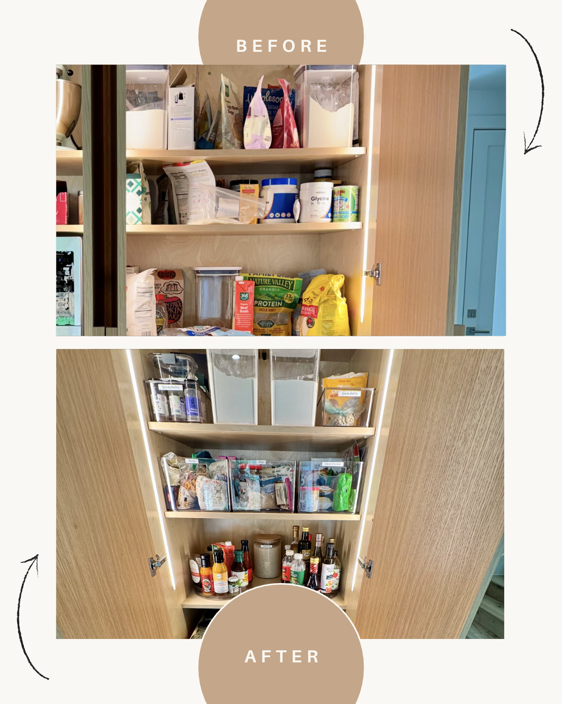 Comparison of two images of a kitchen pantry cabinet, showing cluttered before and organized after states — home organization services by Ordered Living Co. Austin TX
