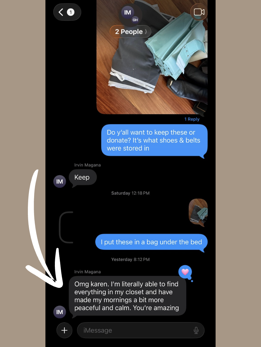 Client text message thanking Ordered Living for closet organization in Austin TX, with photo of neatly folded clothing and belts