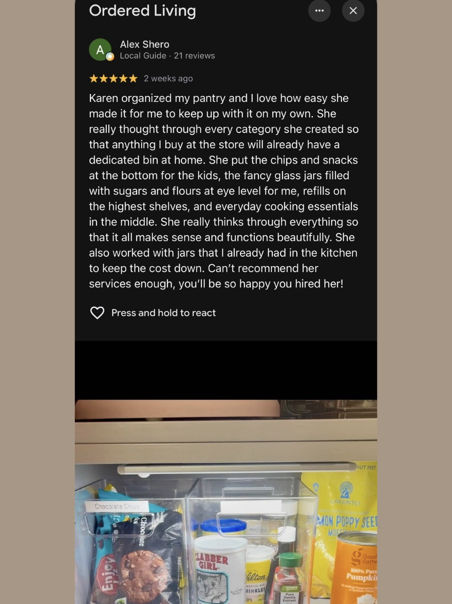 Five-star Google review for Ordered Living Austin TX, with photo of organized pantry shelf featuring labeled bins and snack containers