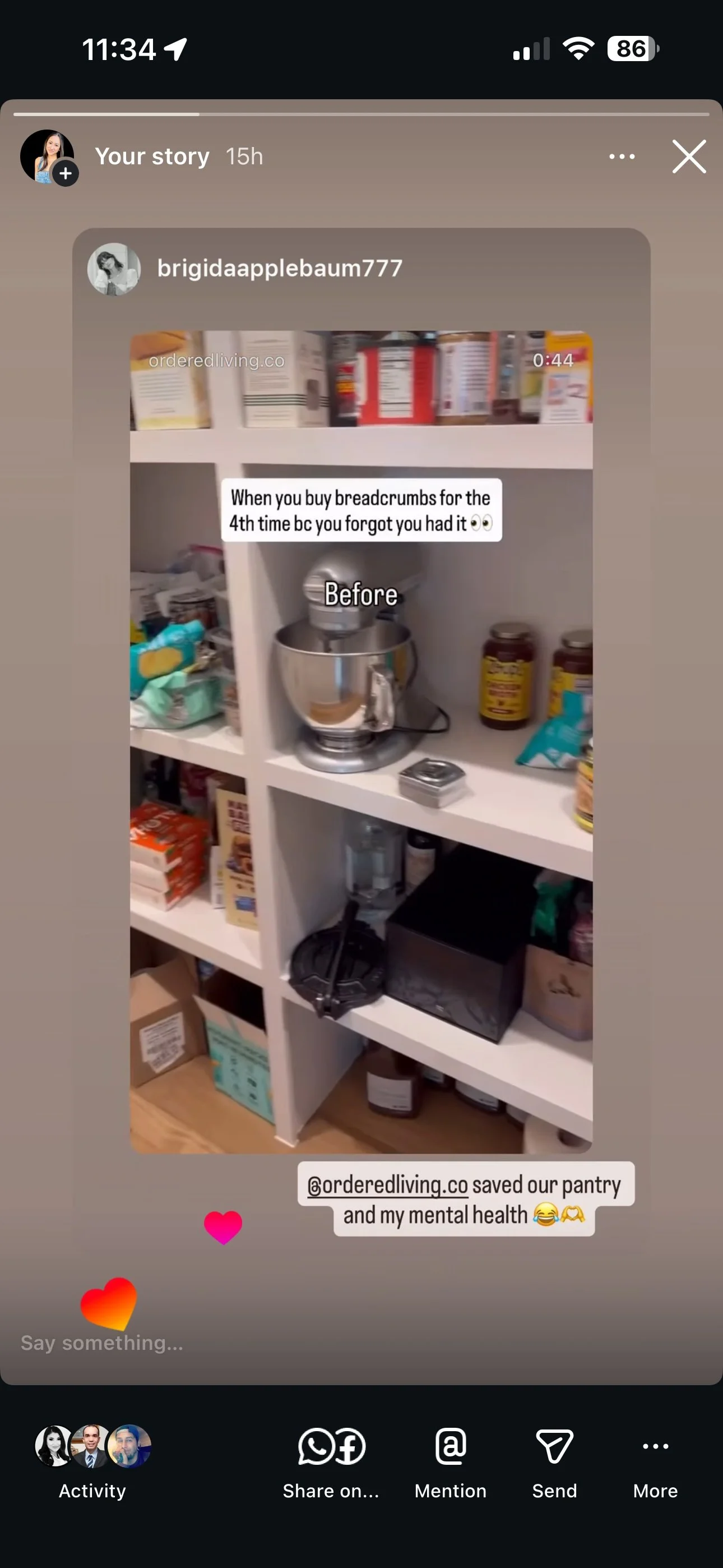 A pantry shelf with a stand mixer, jars, boxes, snacks, and kitchen items, with overlay text about buying breadcrumbs and a note thanking @orderedliving.co for saving the pantry and mental health.