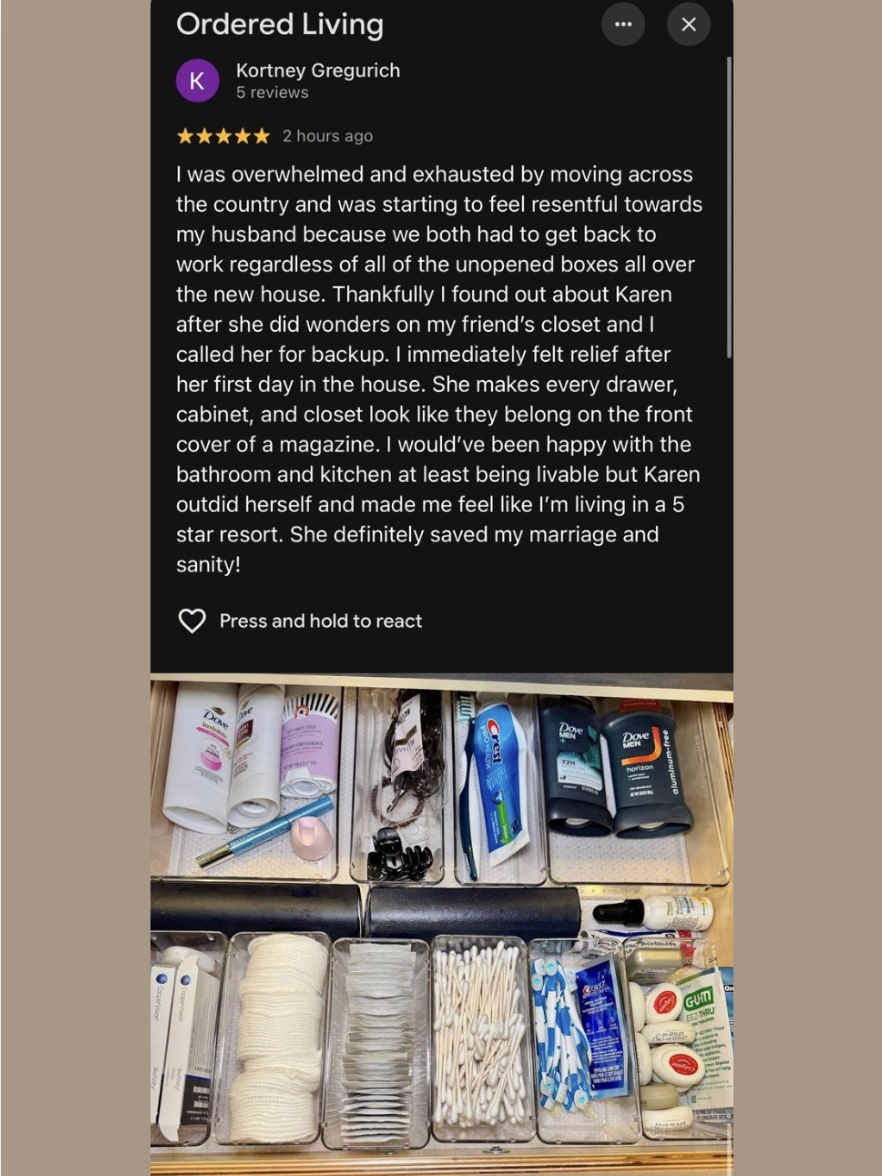 Five-star Google review for Ordered Living Austin TX, with photo of organized bathroom drawer with divided toiletry and skincare storage