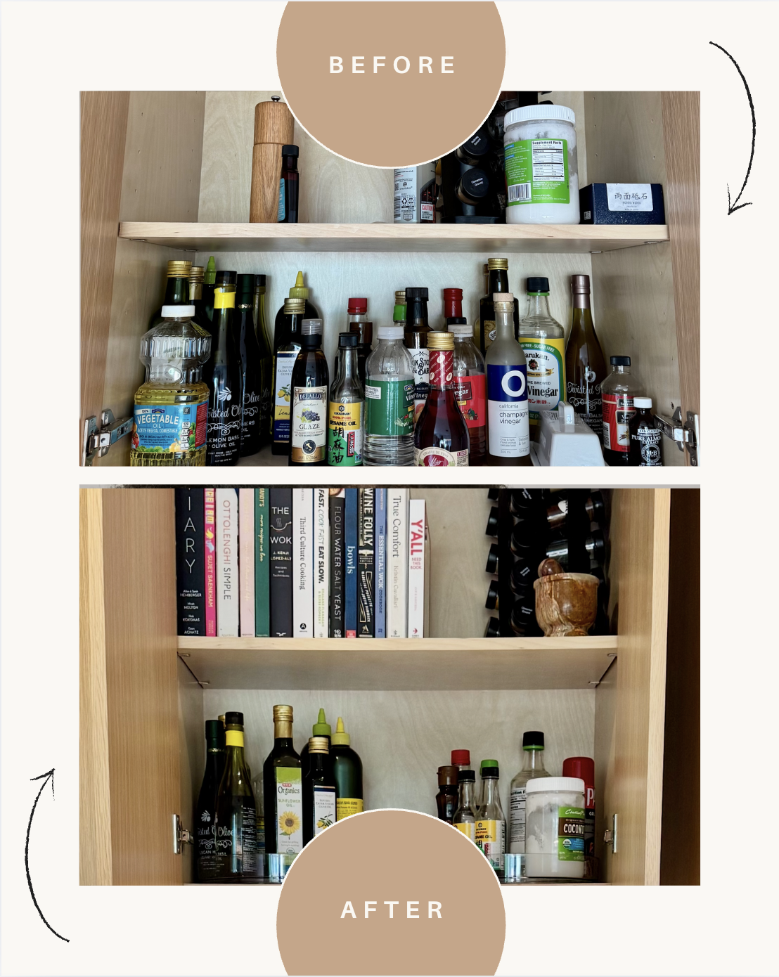 Kitchen cabinet with organized bottles, condiments, and cookbooks before and after professional organizing - home organization services by Ordered Living Co. Austin TX