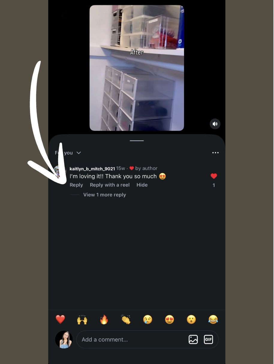 Instagram comment praising Ordered Living closet organization in Austin TX, with before-and-after photo of closet storage bins