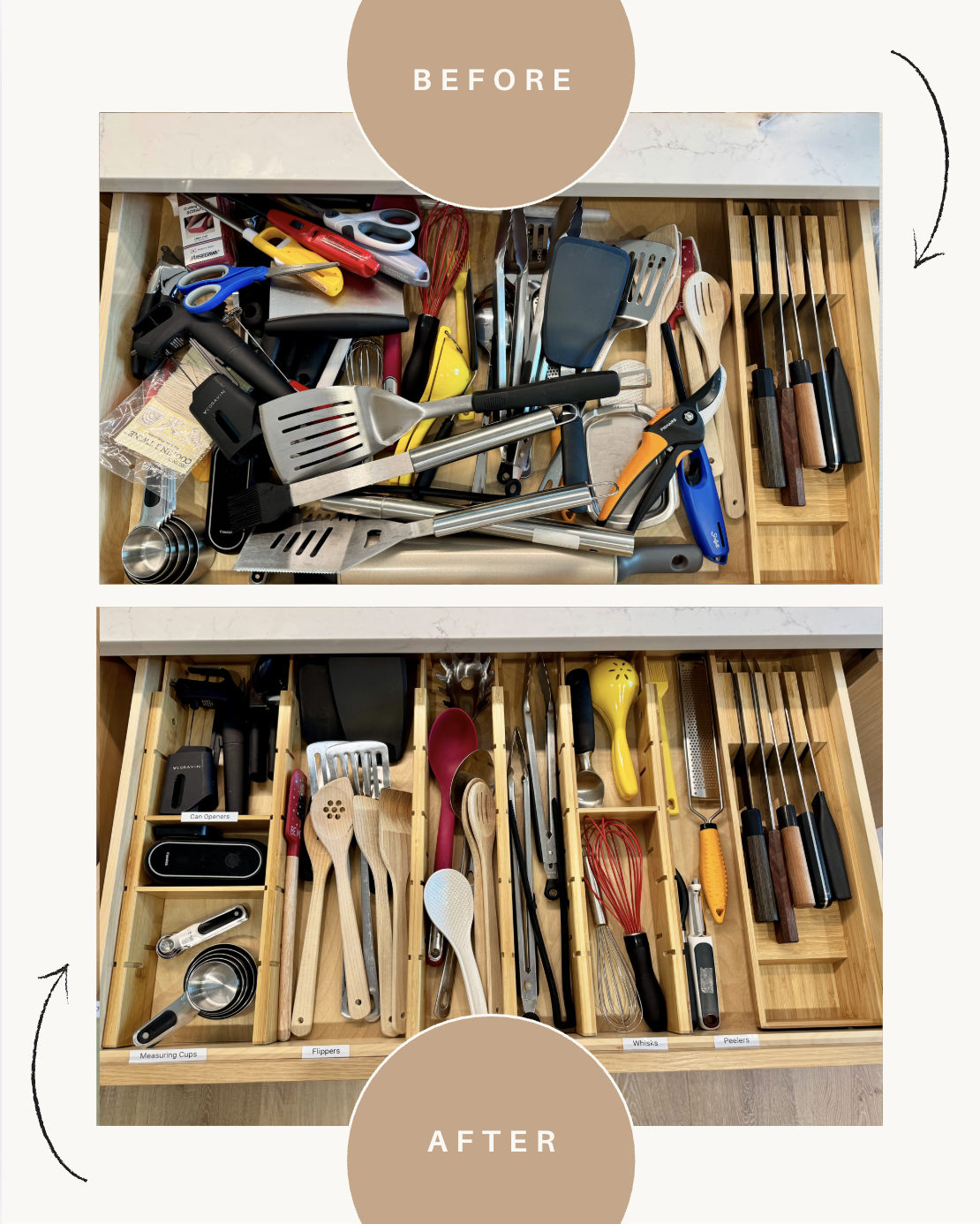 Before & after images of kitchen spatulas drawer organization, showing a messy drawer with various utensils in the top image and a neatly organized drawer with labeled compartments in the bottom image - professional home organizing services Austin TX
