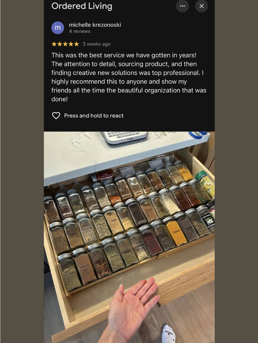 Five-star Google review for Ordered Living Austin TX, with photo of kitchen drawer organized with matching labeled spice jars