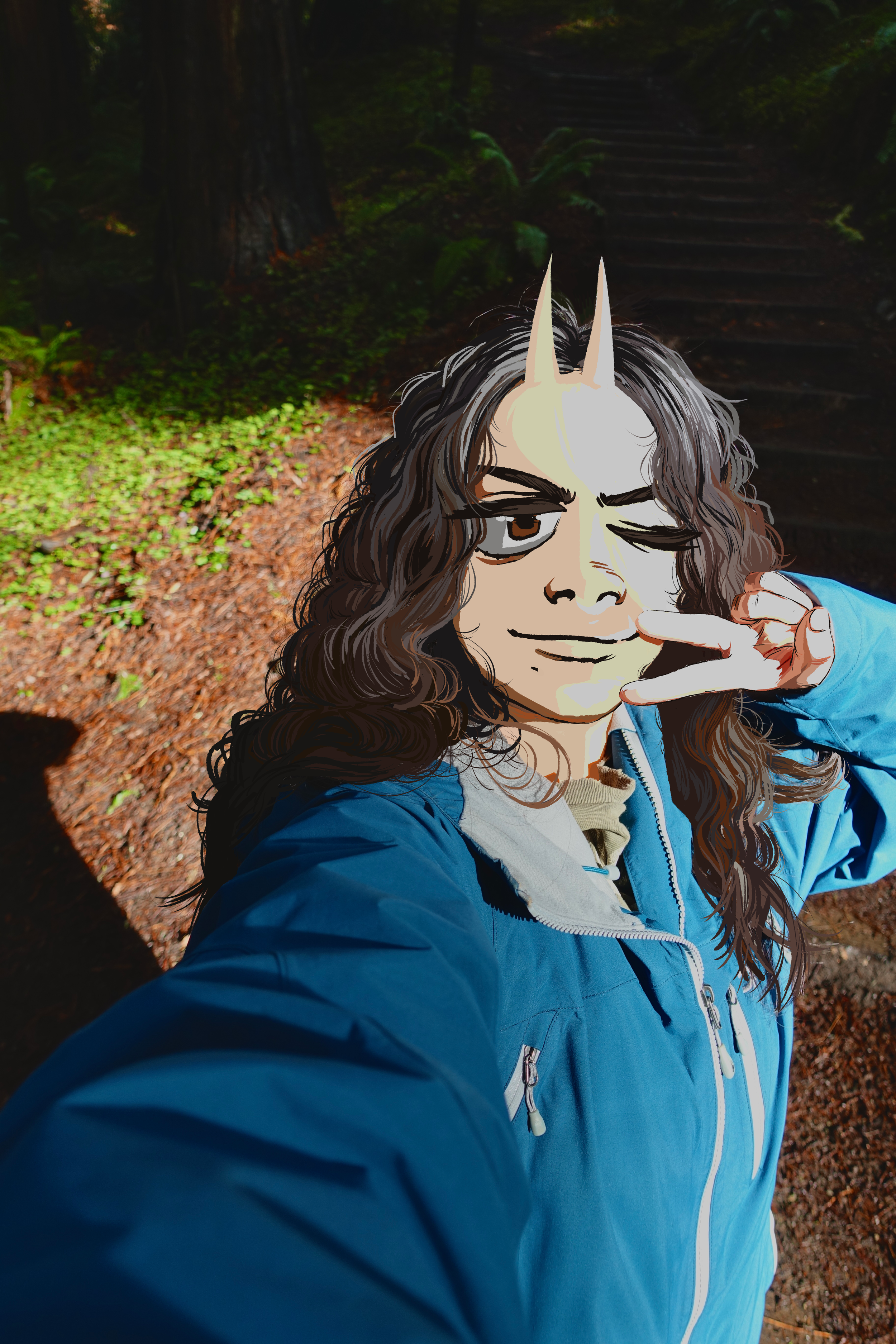 Gia, a Viet American artist, in a mixed-media self-portrait — a real photo overlaid with hand-drawn illustration in a Gorillaz-inspired style. Set in a forest, wearing a teal jacket, with demon horns and a smirk.