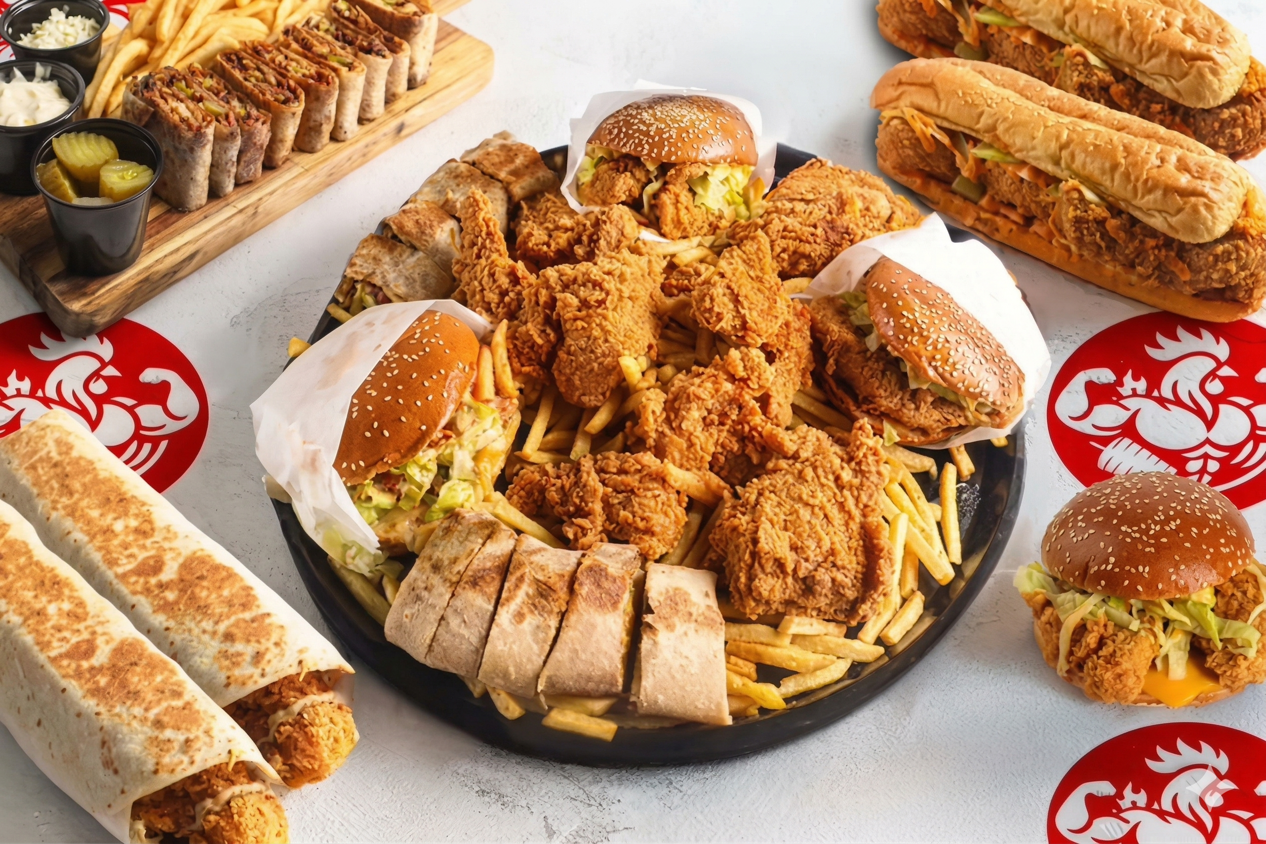 Assorted fast food including fried chicken, sliders with sesame seed buns, sandwiches with fried chicken and pickles, wraps, and French fries on a table with red and white chicken logo placemats.
