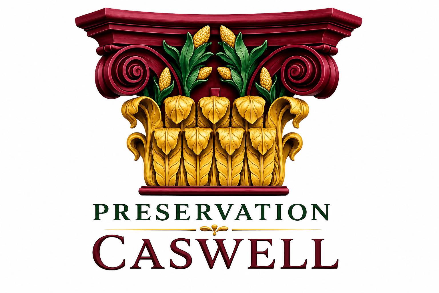 The logo of Caswell Preservation features a decorative urn with golden wheat stalks, with red spiral scrolls and green leaves and yellow corn cobs on top. Beneath, the words 'Preservation Caswell' are written, with 'Preservation' in green and 'Caswell' in maroon.