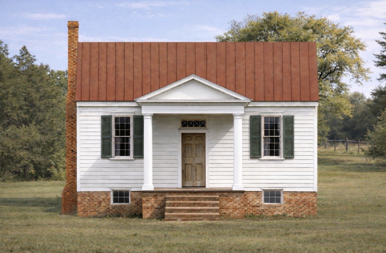 Front view of a small, white, two-story house with green shutters, a brick chimney, and a red gabled roof, with steps leading up to a central door and a grassy yard.
