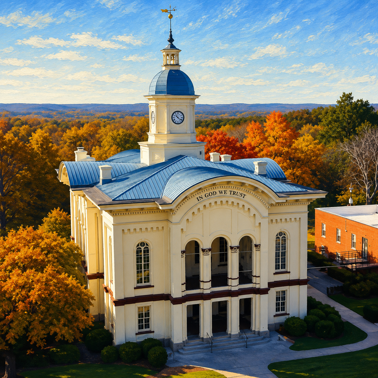 A historic courthouse with a blue metal roof and a clock tower, surrounded by autumn trees with orange, yellow, and green leaves.