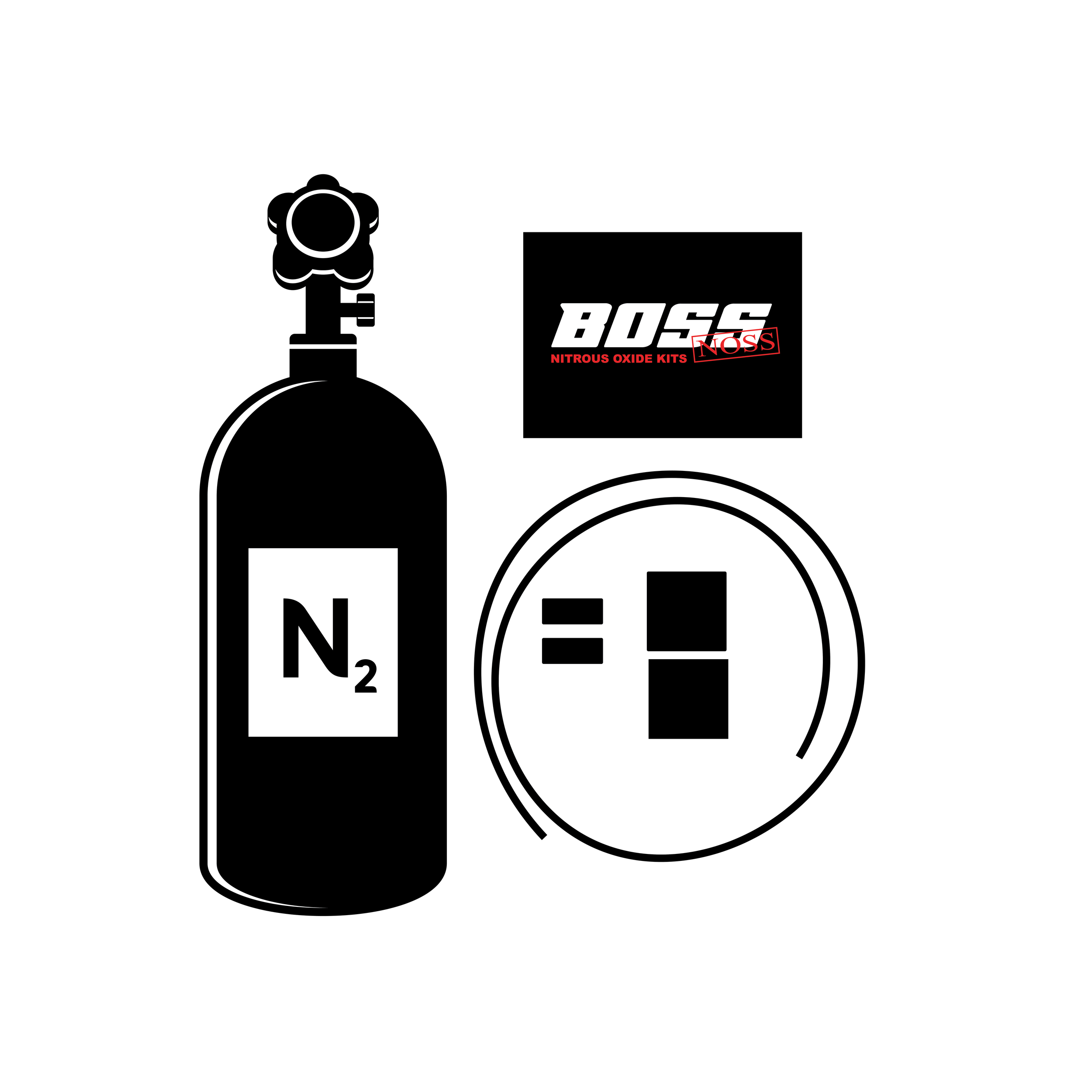 A black silhouette of a nitrogen gas cylinder with a valve on top, labeled NO2. Boss Noss uses nitrous oxide bottles for the nitrous kits for snowmobiles, ATV's, UTV's, Motorcycles and more