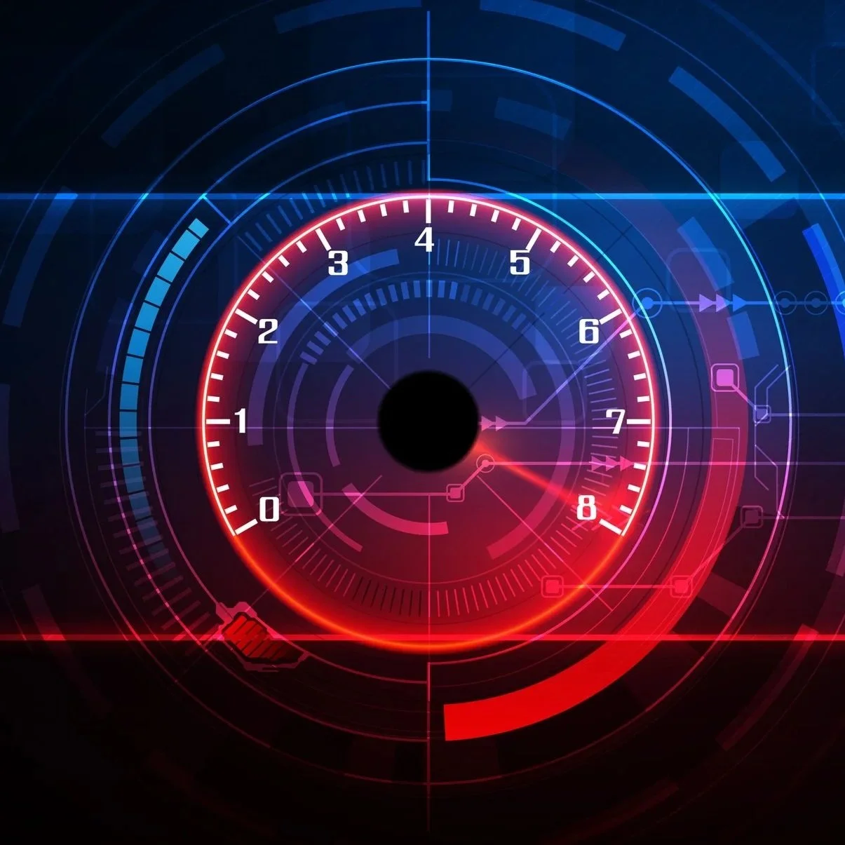 Futuristic digital dashboard with circular gauge displaying high-tech graphics, numbers, and neon colors in red, blue, and purple, resembling a radar or sci-fi interface.
