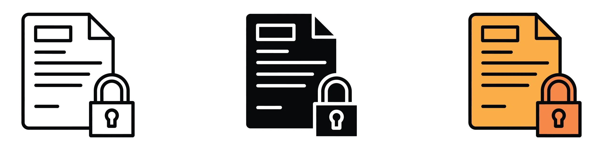 Three icons of documents with a lock, representing secured files. The first icon is a simple outline with black lock, the second is a black fill icon with black lock, and the third is a colored icon with an orange document and a matching lock.