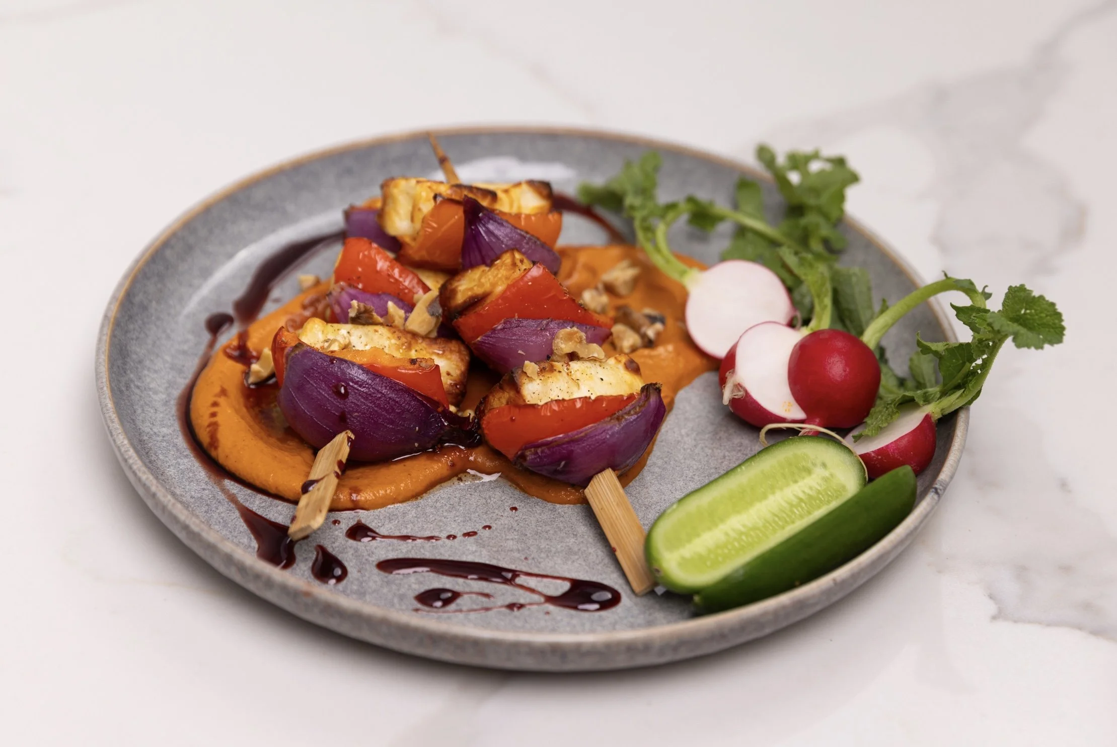 Grilled Haloumi & Red Pepper Skewers, Muhammara Sauce