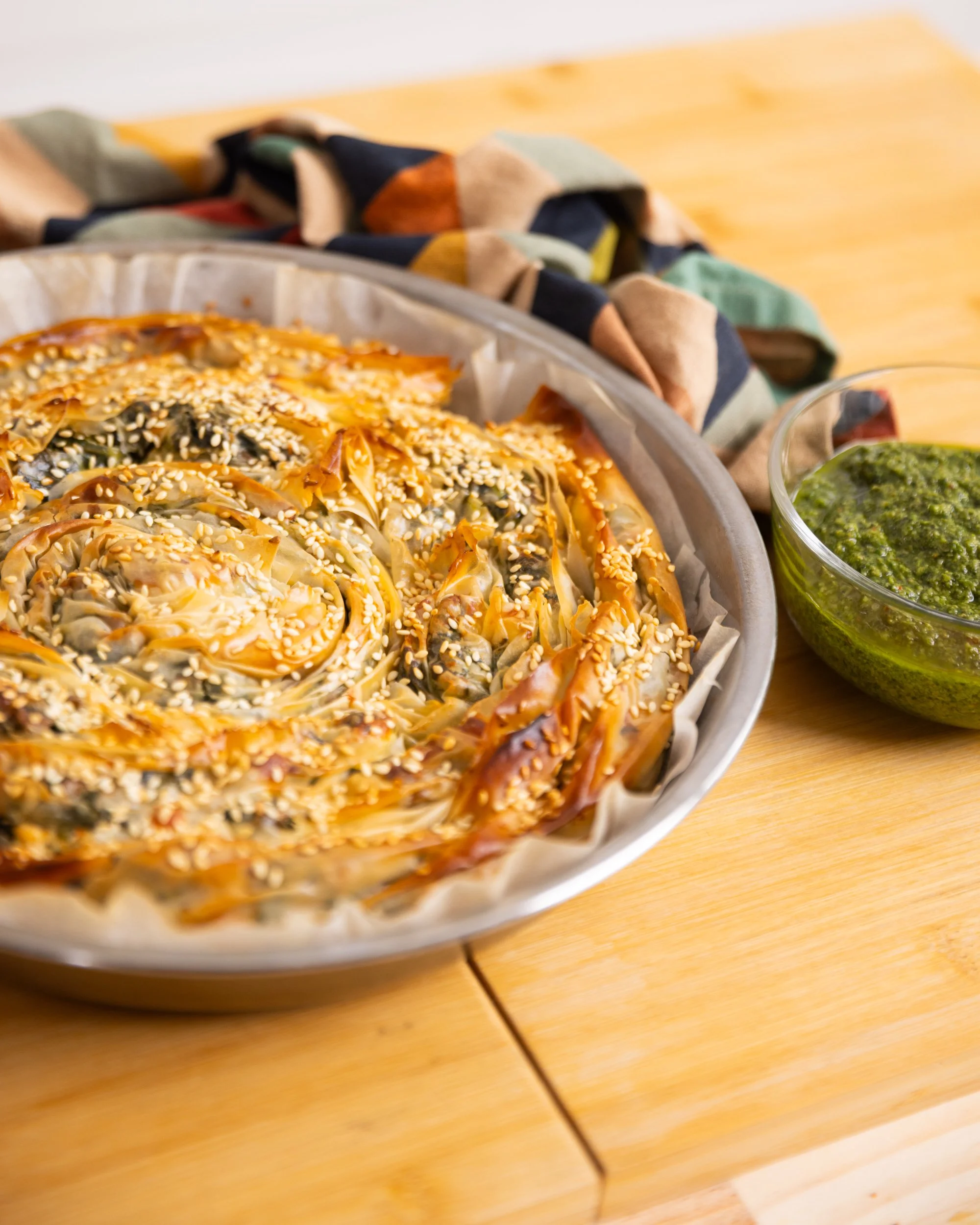 Greek Style Fetta & Greens Pie with Yemeni Sauce