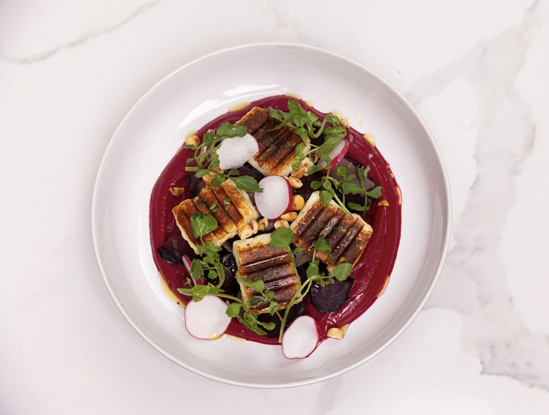 Grilled Halloumi and Roasted Beetroot Salad with Hazelnuts and Watercress with creamy Fetta dressing