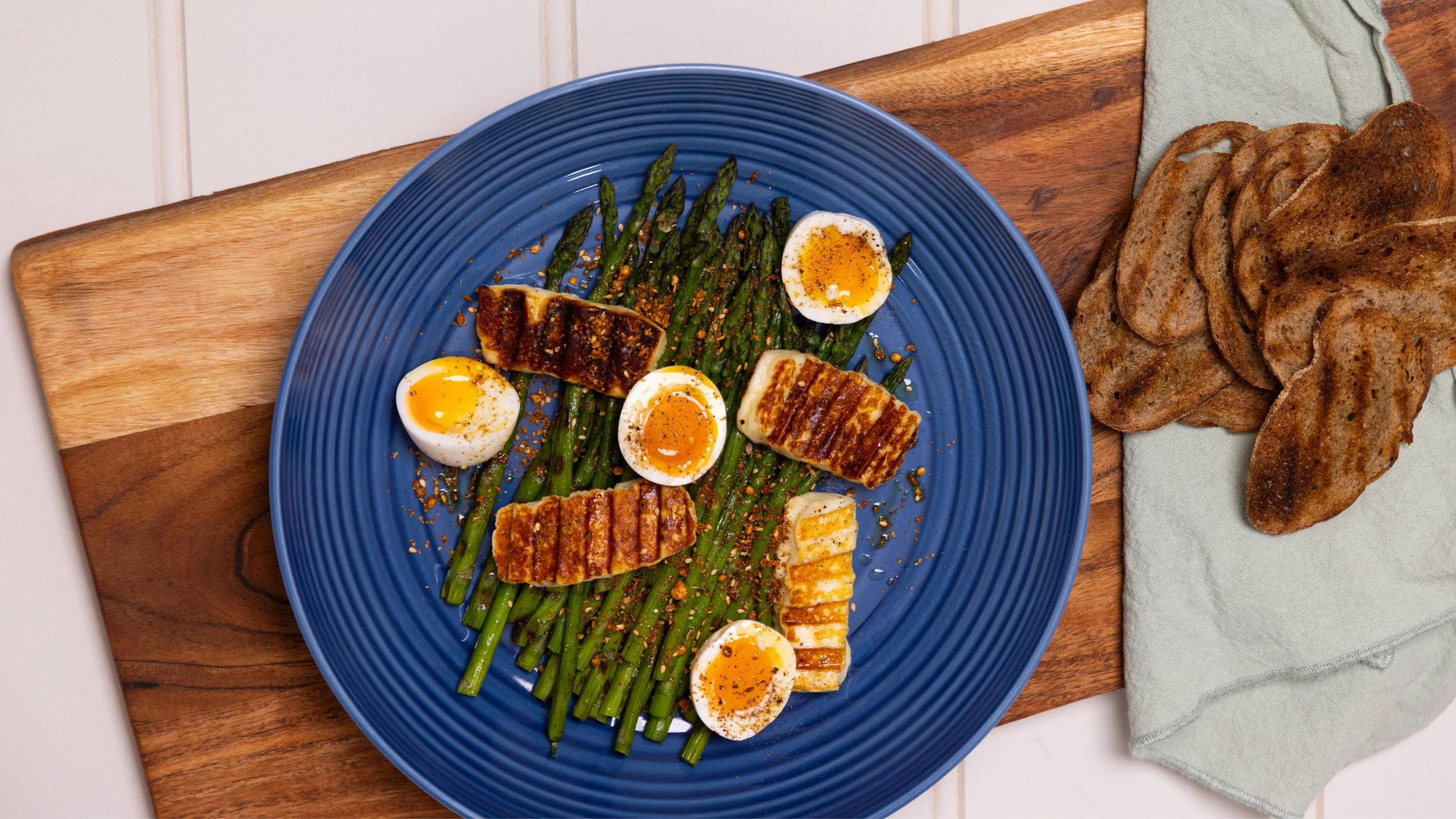 Grilled Cyprus Style Haloumi and Asparagus, soft boiled egg, with dukkah