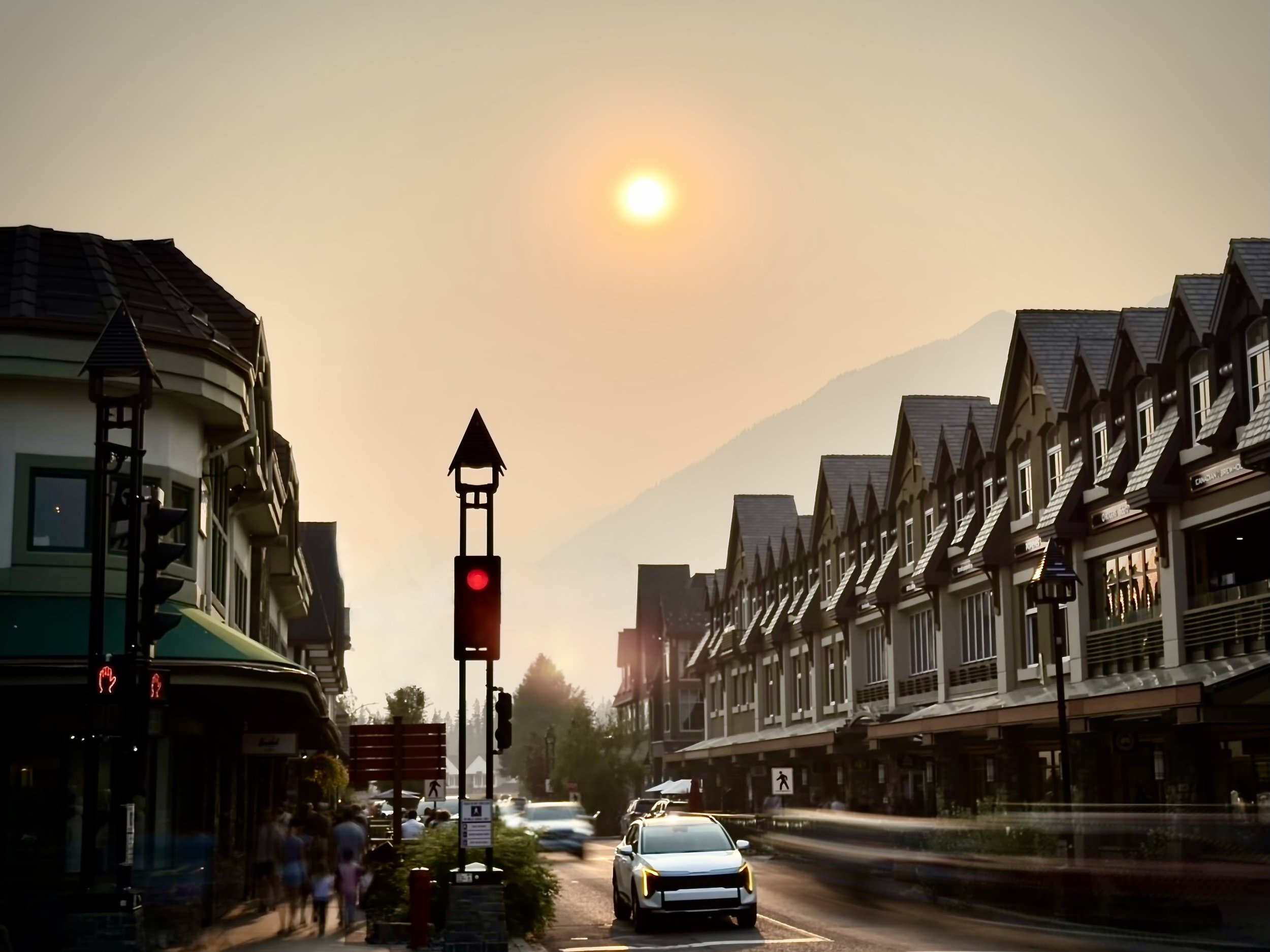 Downtown Banff with a smoky sky
