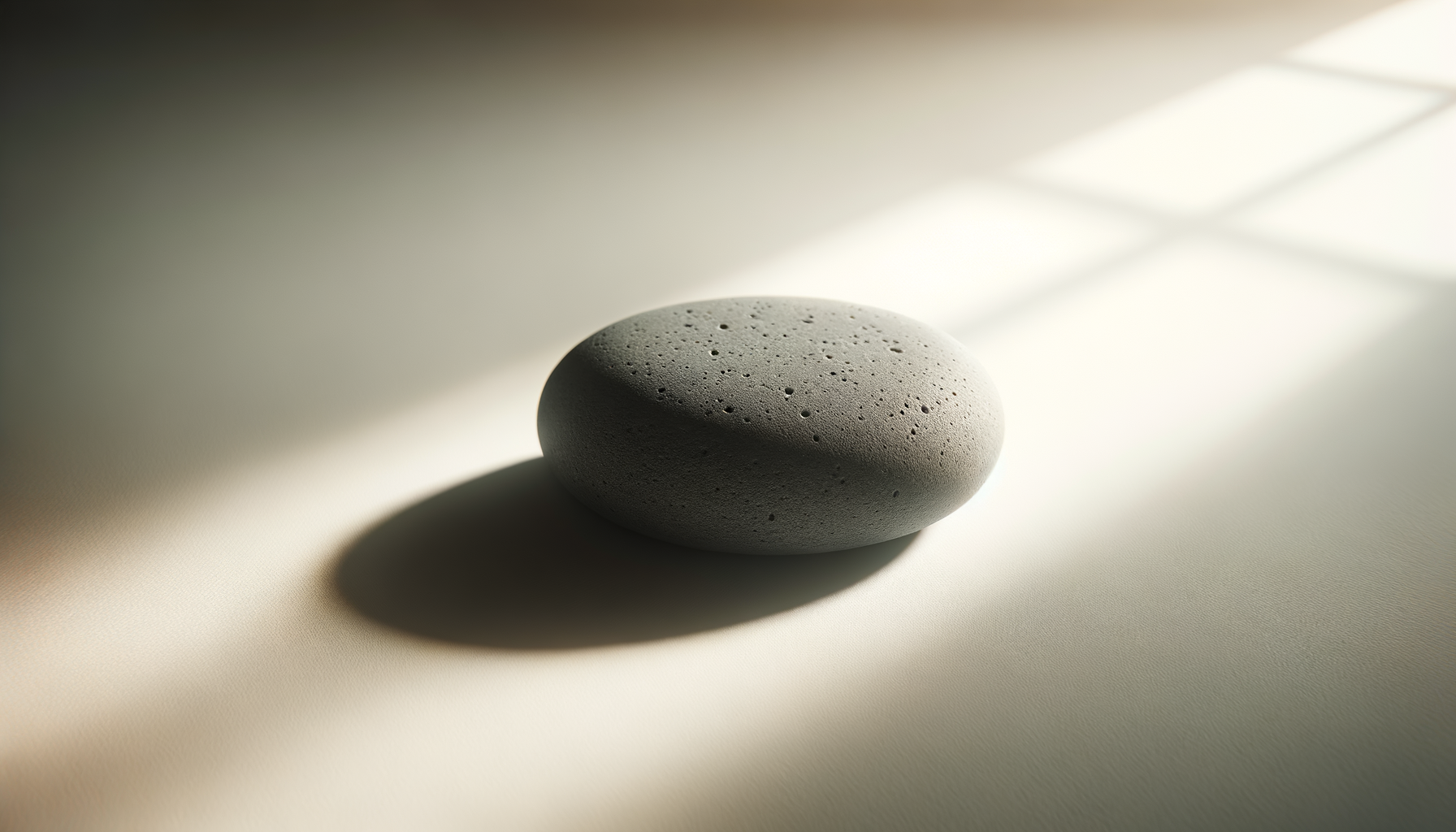 A smooth, gray stone with holes sitting on a light-colored surface, casting a shadow near a window with sunlight streaming in.