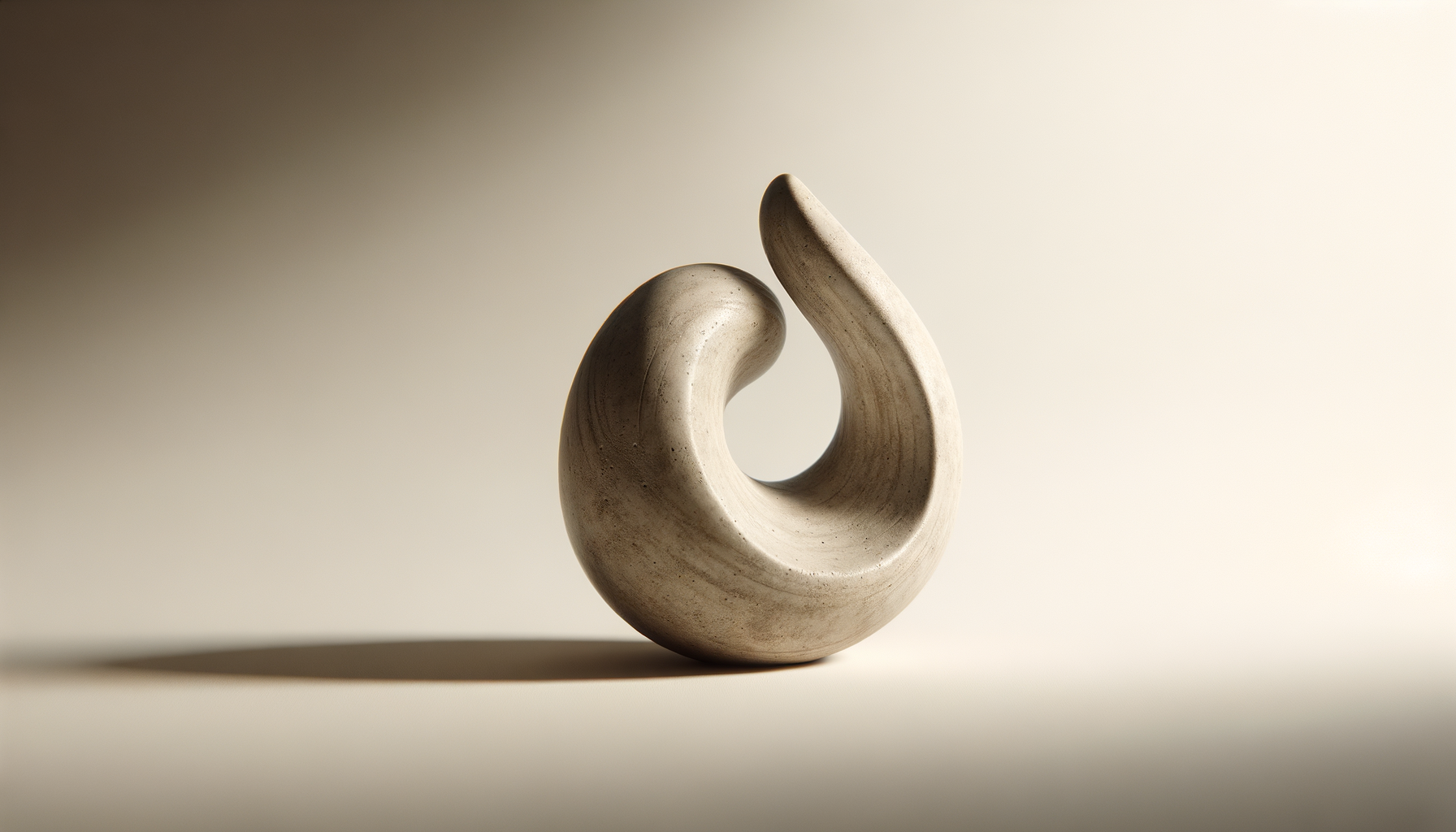 A smooth, beige, abstract sculpture resembling a curled shape with a hole in the middle, placed on a plain surface with soft lighting.