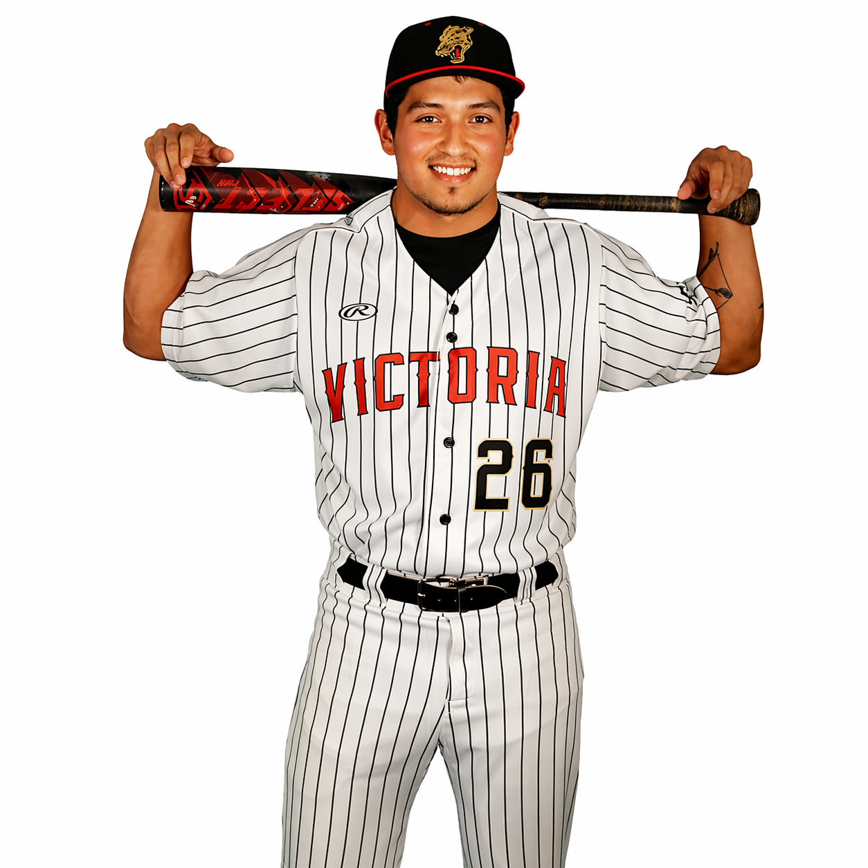 Young man wearing a baseball uniform with 'Victoria' and the number 26, holding a bat on his shoulders, smiling against a plain white background.