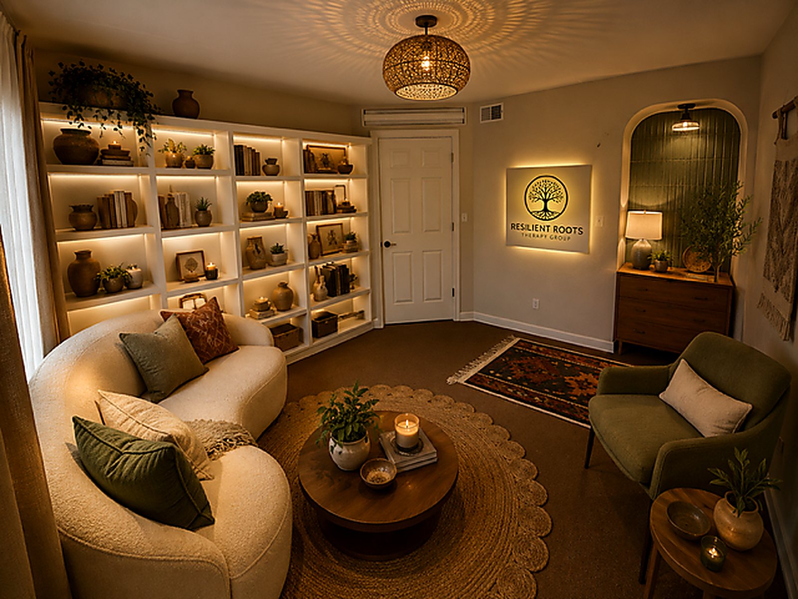 Cozy living room with a cream sofa, green armchair, wooden coffee table, built-in white bookshelf with decorative items, illuminated sign reading 'Resilient Roots Therapy Group,' side table with lamp, patterned rug, and warm lighting.