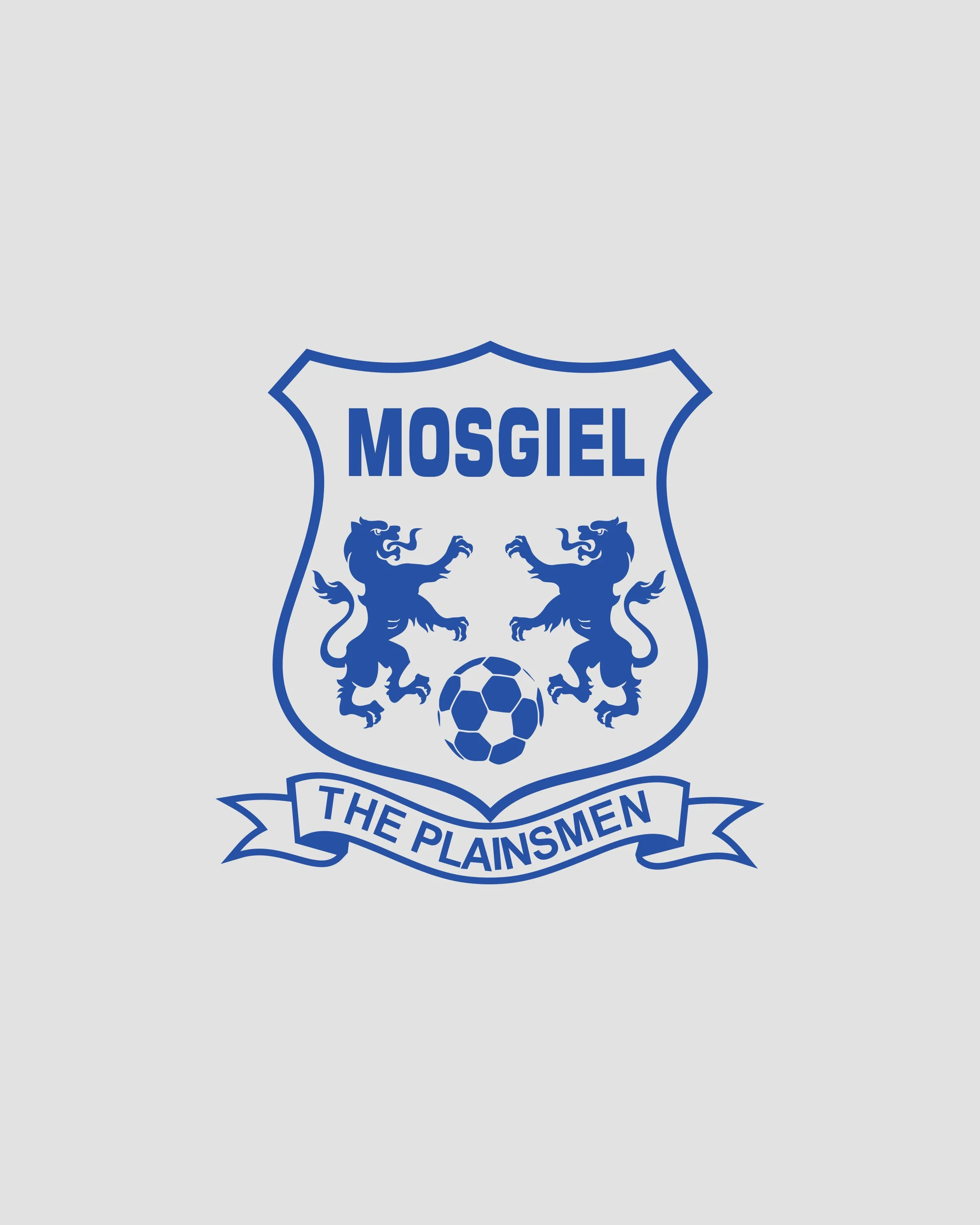 Logo of the Mosgiel football team featuring two blue lions facing each other, a football, and the text 'The Plainsmen' below.