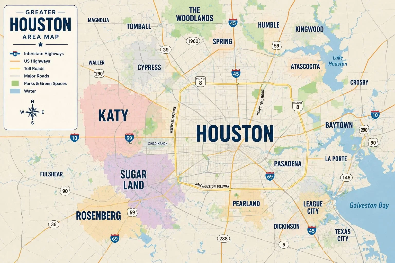Map of Greater Houston showing city zones like Houston, Katy, Sugar Land, Rosenberg, Pasadena, Baytown, League City, Texas City, and surrounding areas, with highways, parks, green spaces, lakes, and water bodies.