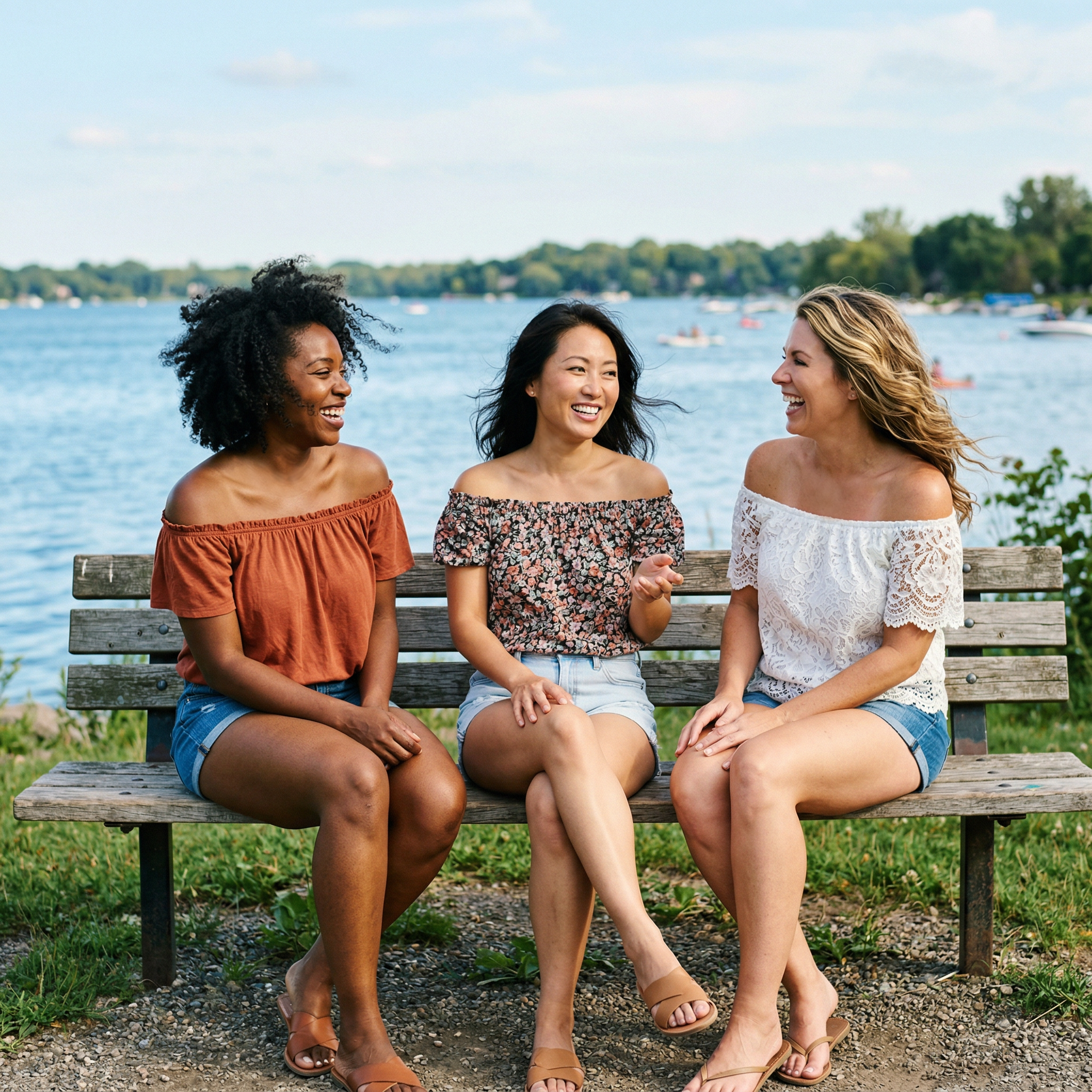 Three women sitting on a wooden bench near a river, smiling and engaging in conversation, with boats and trees in the background.