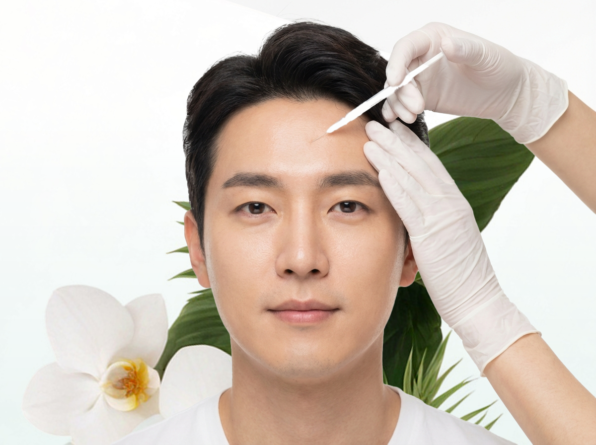 A man receiving a cosmetic injection in his forehead from a medical professional wearing gloves, with green leaves and white flowers in the background.