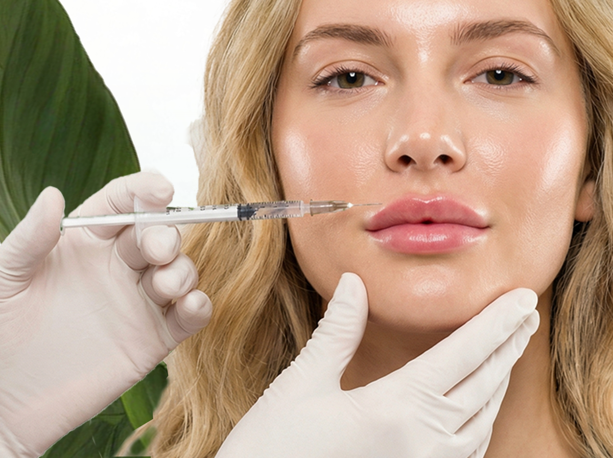 Woman receiving cosmetic injection in lips from a medical professional wearing white gloves.
