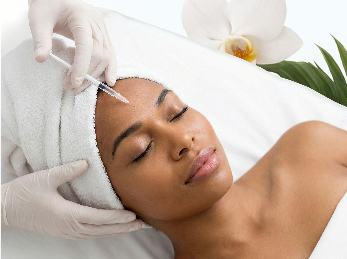 A woman with a towel wrapped around her head receiving an injection on her forehead at a spa or clinic, with a white orchid flower and green leaves in the background.