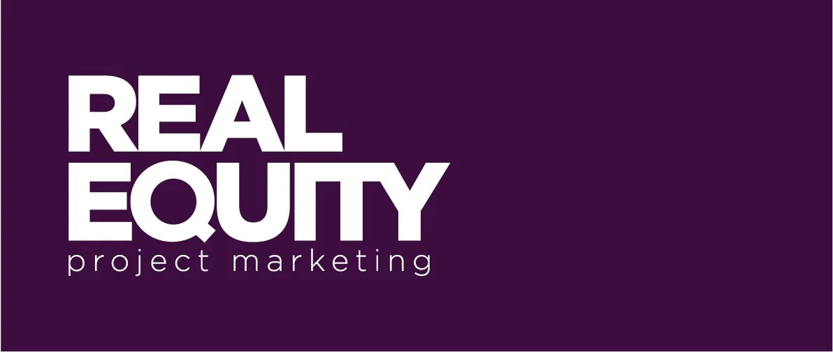 Logo for Real Equity project marketing with label in white text on a purple background.