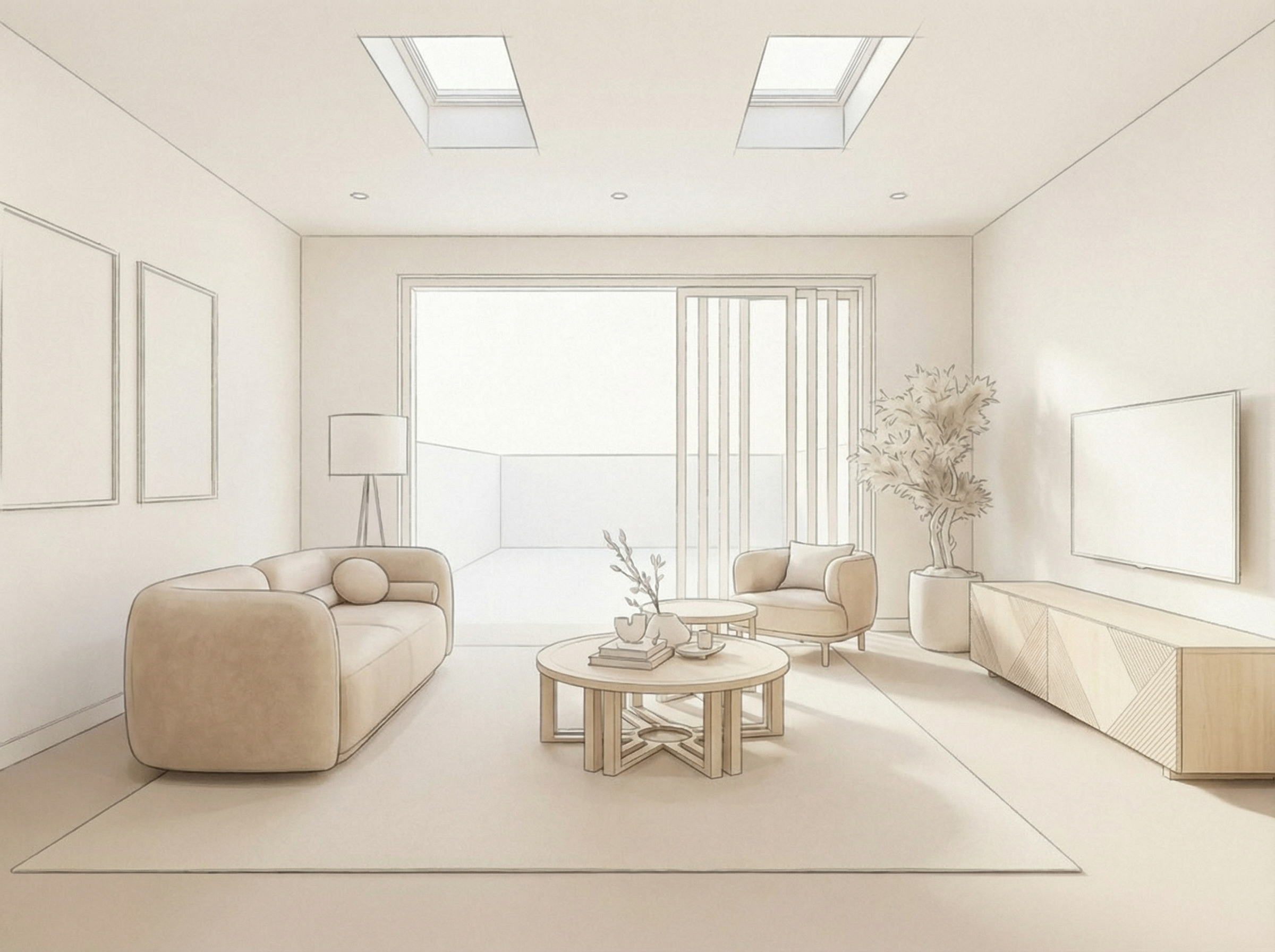 A minimalistic living room with beige sofas, a round coffee table, a potted plant, wall-mounted TV, and large ceiling windows.